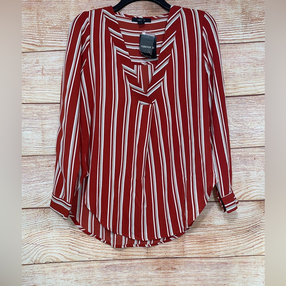 Forever 21 Striped (rust/cream) V-neck Long Sleeve Top‎
